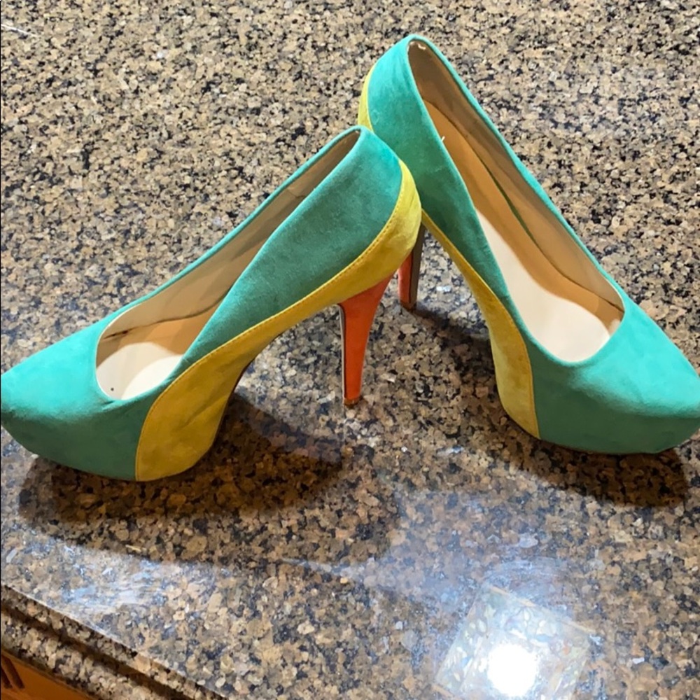Teal Green and Salmon Colored Pumps